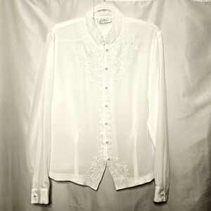 Vintage Kathy Che White Polyester Embroided Pearl-tone Beads & Buttons Blouse 14